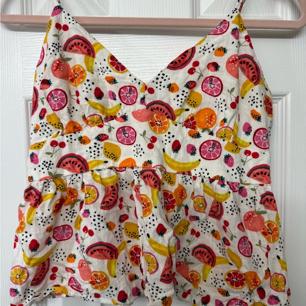 LOFT White Sleeveless Top with Pink, Yellow and Orange Fruit Print